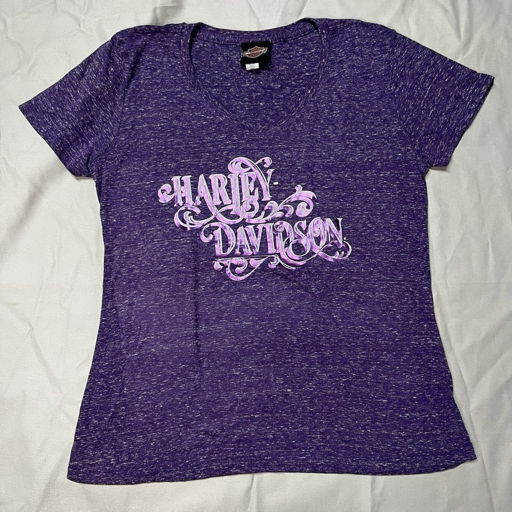 Harley-Davidson Women's Old Timey Swirls V-Neck Short Sleeve Heather Purple Sz S